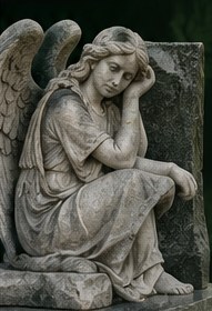Weathered stone angel resting her head beside a granite headstone