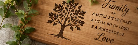 Wooden board engraved with a family tree and the words Family, a little bit of crazy, a little bit of loud and a whole lot of love